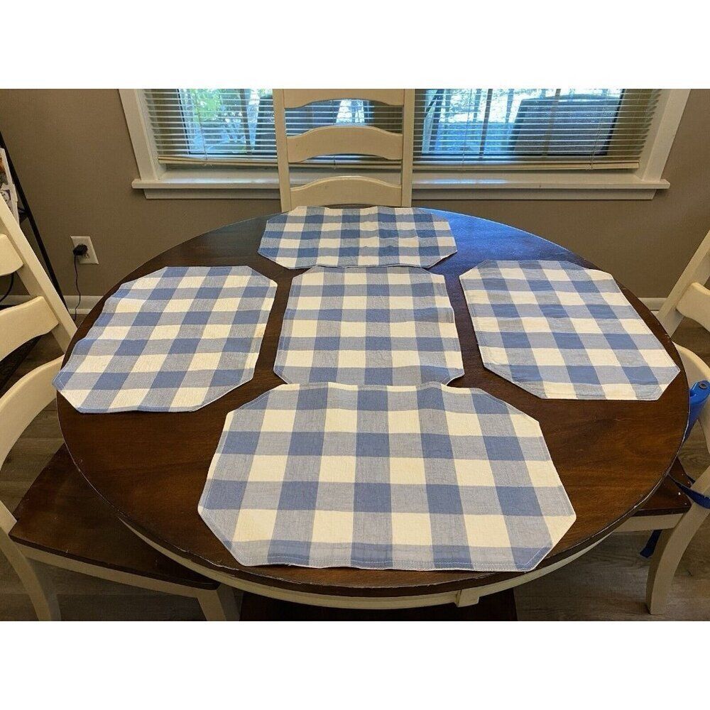 Set 5 BLUE WHITE Plaid Placemats Checkered Farmhouse Country Cottagecore